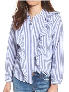 Madewell Blue White Striped Ruffle Button Up Shirt XS